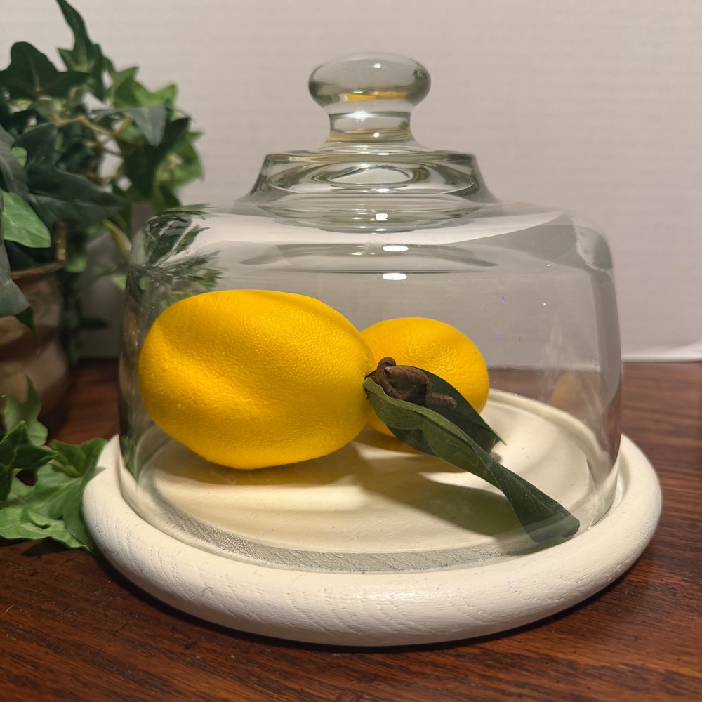 Glass Cloche Dome with Distressed White Wood Base Farmhouse Decor 7.25"
